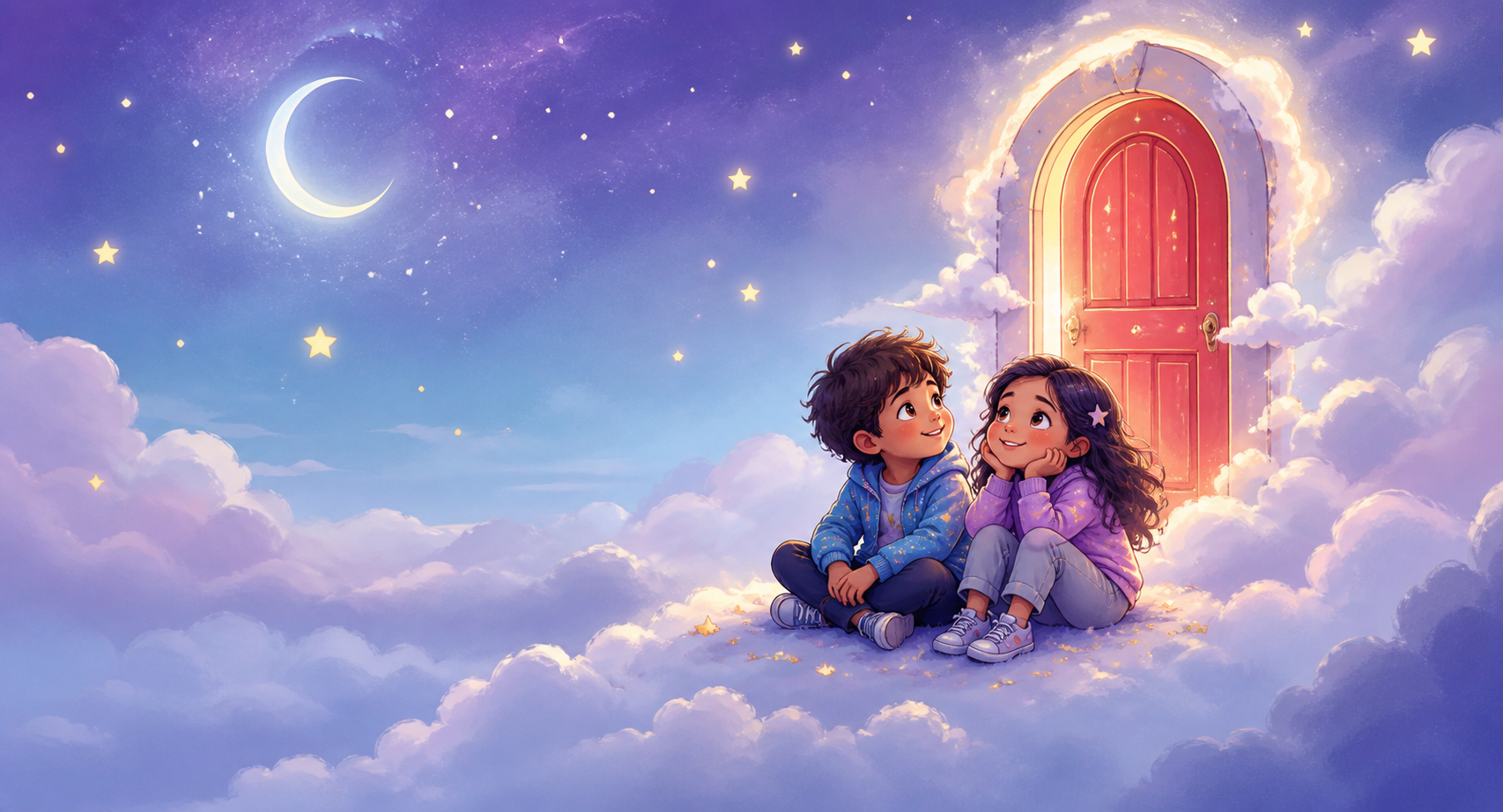 Agustín e Iru imaginando historias frente a una puerta mágica entre las nubes